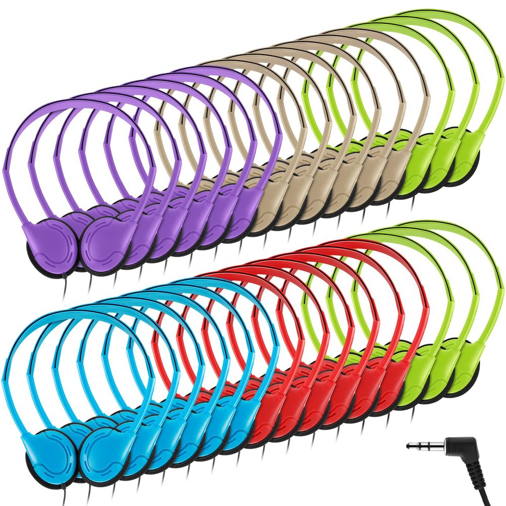 Yunsailing 30 Pack Bulk Over Ear Headphones Set On Ear Headsets Earphones with Adjustable Headband and 3.5mm Plug for Group Learning, Computer Lab, Library, Online Lesson (Vivid Color)