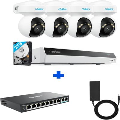 Reolink Camera System with PT Auto-Tracking, 4K PoE Cameras Home Surveillance Wired Outdoor, Smart Detection, Spotlights, 8CH NVR 2TB HDD, RLK8-800PT4 with a PoE Switch& a 52v/2.3A Power Adapter