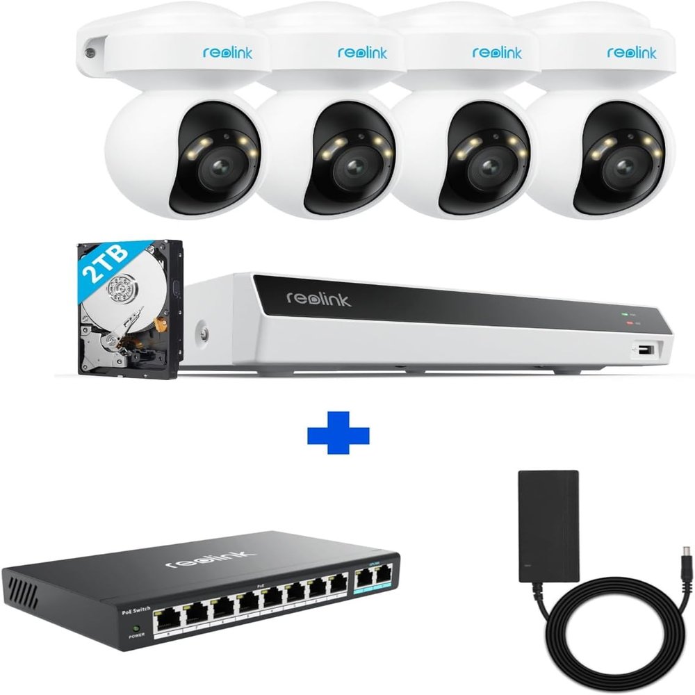 Reolink Camera System with PT Auto-Tracking, 4K PoE Cameras Home Surveillance Wired Outdoor, Smart Detection, Spotlights, 8CH NVR 2TB HDD, RLK8-800PT4 with a PoE Switch& a 52v/2.3A Power Adapter