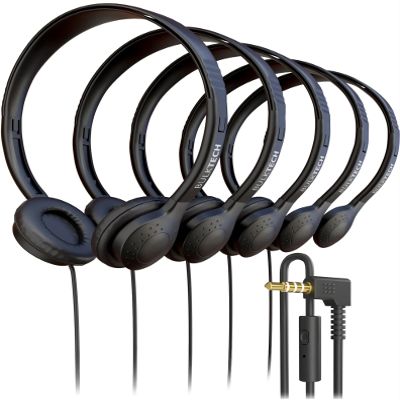 5 Pack Bulk Wired On-Ear Leather Headphones with Microphone and 3.5mm Connector, Black