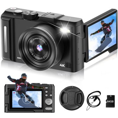 Digital Camera 4K for Photography, 50MP Vlogging Camera for YouTube Video with Flash and 3" 180 Flip Screen, 18X Digital Zoom Compact Travel Cameras with 64GB TF Card for Teens Beginner (Black)