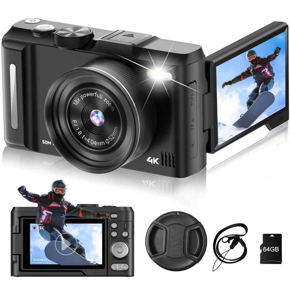 Digital Camera 4K for Photography, 50MP Vlogging Camera for YouTube Video with Flash and 3" 180 Flip Screen, 18X Digital Zoom Compact Travel Cameras with 64GB TF Card for Teens Beginner (Black)