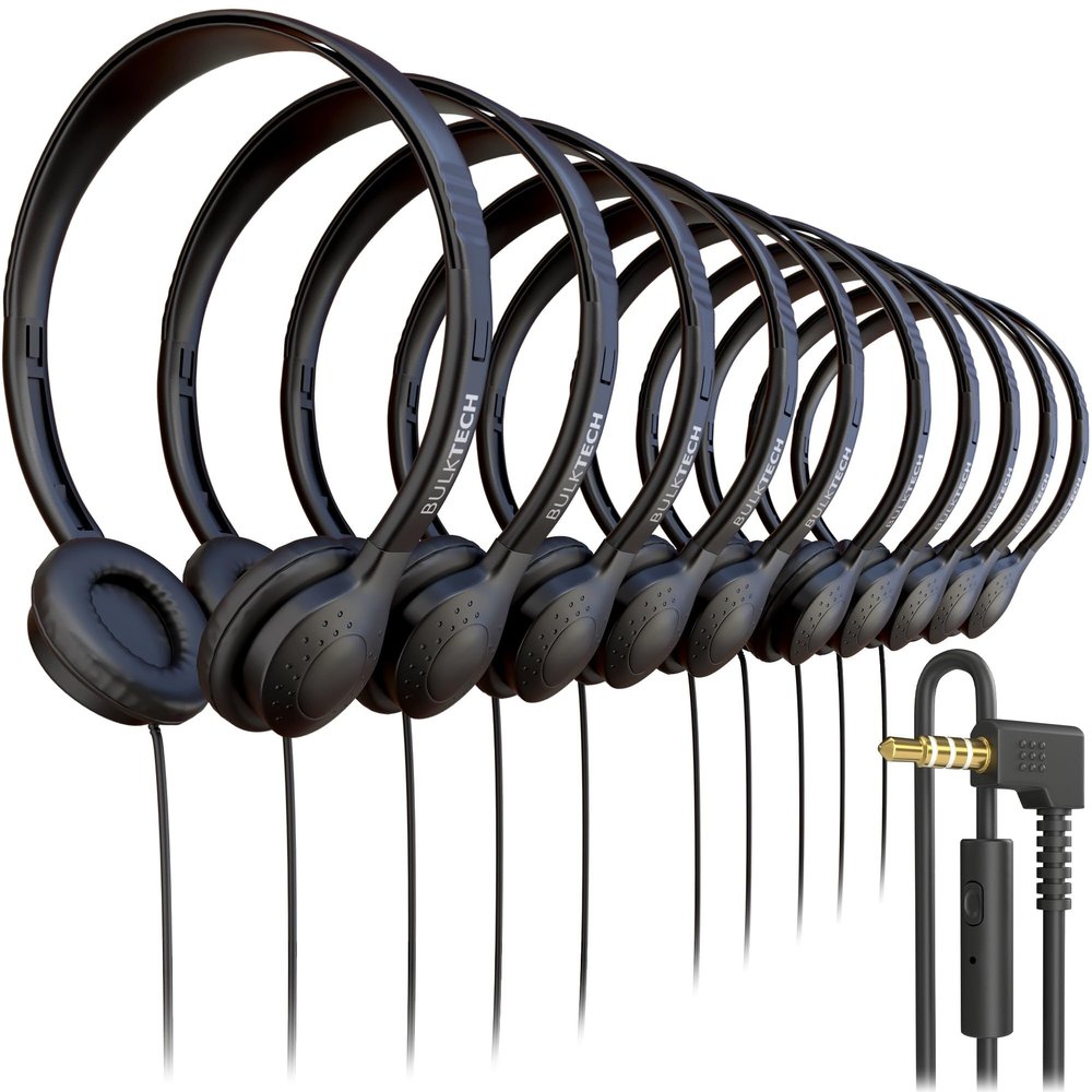 10 Pack Bulk Wired On-Ear Leather Headphones with Microphone and 3.5mm Connector, Black