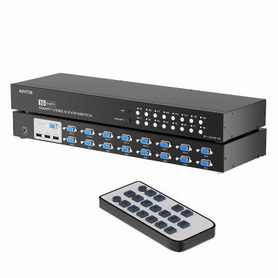 Arvitek 16 Port KVM Switch VGA, 16 Computers Share 1 Set of Monitor, Keyboard, Mouse, Printer, 16 in 1 Out Rack Mount KVM with 3 USB 2.0 Port (Included 16 VGA KVM Cables + IR Remote)