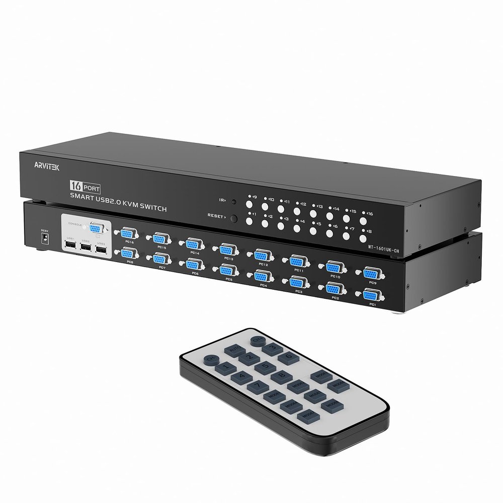 Arvitek 16 Port KVM Switch VGA, 16 Computers Share 1 Set of Monitor, Keyboard, Mouse, Printer, 16 in 1 Out Rack Mount KVM with 3 USB 2.0 Port (Included 16 VGA KVM Cables + IR Remote)