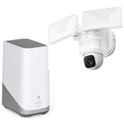 eufy Security Floodlight Camera E30 with Homebase 3, Security Camera Outdoor, 360 Pan and Tilt, AI Detection and Tracking, 2K Video, 2.4GHz Wi-Fi, Custom Voice and Light Alerts, 24/7 Recording