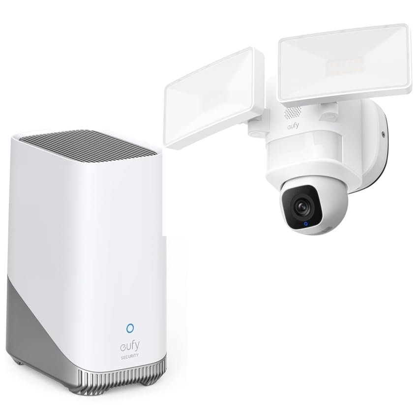 eufy Security Floodlight Camera E30 with Homebase 3, Security Camera Outdoor, 360 Pan and Tilt, AI Detection and Tracking, 2K Video, 2.4GHz Wi-Fi, Custom Voice and Light Alerts, 24/7 Recording