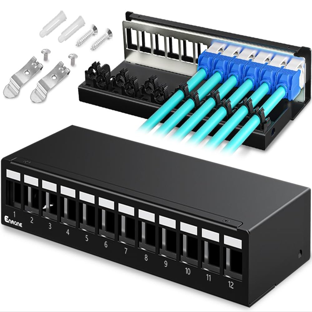 Enmane Patch Panel 12 Port Blank Keystone Patch Panel STP&UTP Compatible with LC/SC/ST/FC/USB/HDMI Keystone Jack for Desk Mount& Wall Mount