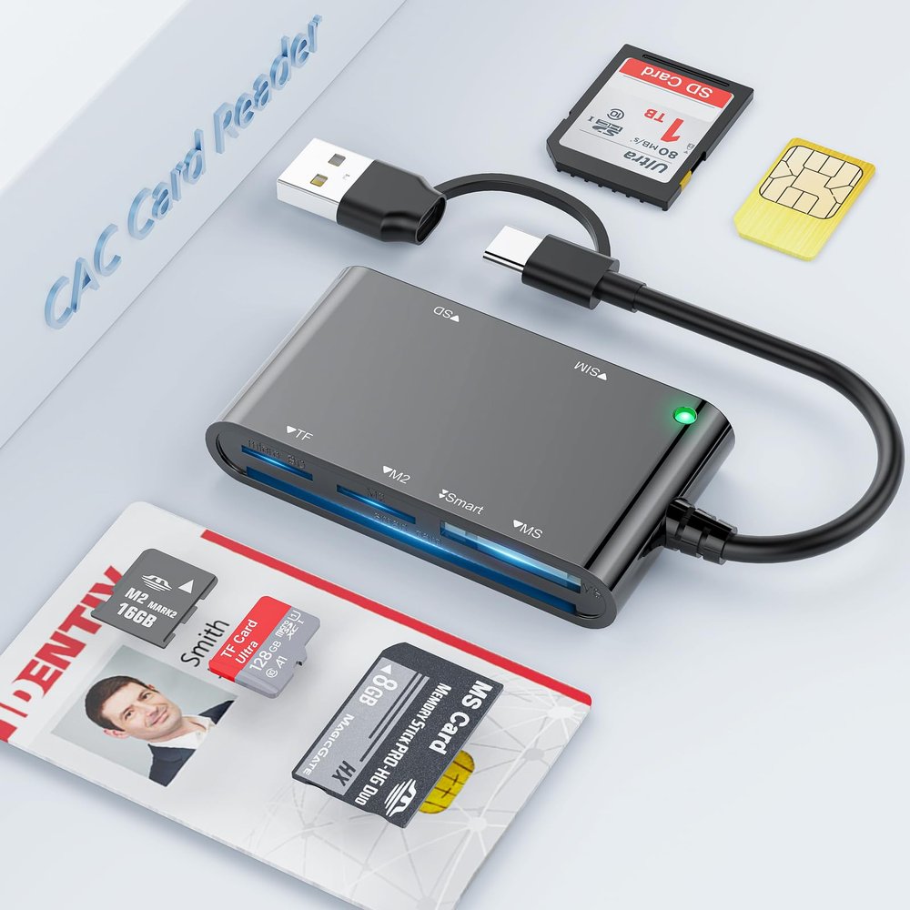 6 in 2 Multi Memory Card Reader, USB CAC Card Reader with SDHC/SDXC/SD Card Reader & Micro SD Card Adapter, Smart Card Reader for SIM, MS, M2, MMC RS & 4.0 for Windows, Linux, Mac OS