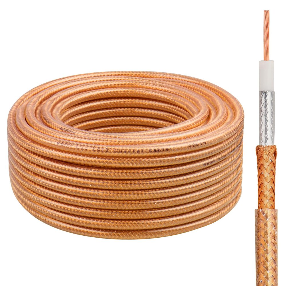 100FT RG8X Coaxial Cable, 50 Ohm Low Loss, Solid Copper Conductor, Durable Shielding with PVC Jacket, Ideal for Antennas, Ham Radio, CB Radio, and RF Applications