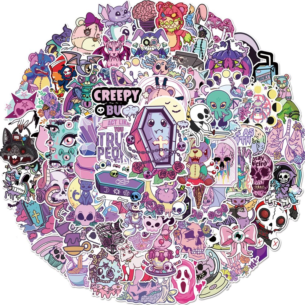 100 Pcs Kawaii Pastel Goth Stickers, Cute Creepy Stickers, Soft Purple Gothic Waterproof Vinyl Gifts for Laptop, Water Bottle,Phone, Luggage, Teens Adults