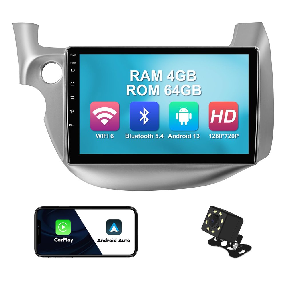 4+64G 10.1-inch Android 13 WiFi 6 Car Stereo for Honda Fit 2008-2013 IPS Touchscreen Screen Bluetooth 5.4 Car Radio with Carplay & Android Auto Support Backup Camera FM Navi SWC
