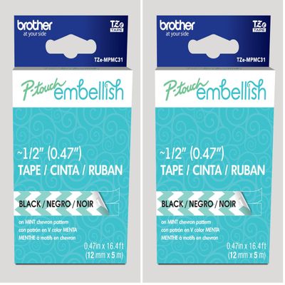 Brother P-Touch Embellish Black Print on Mint Chevron Pattern Tape TZEMPMC31  ~ Wide x 13.1 Long for use with P-Touch Embellish Ribbon & Tape Printer (Pack of 2)