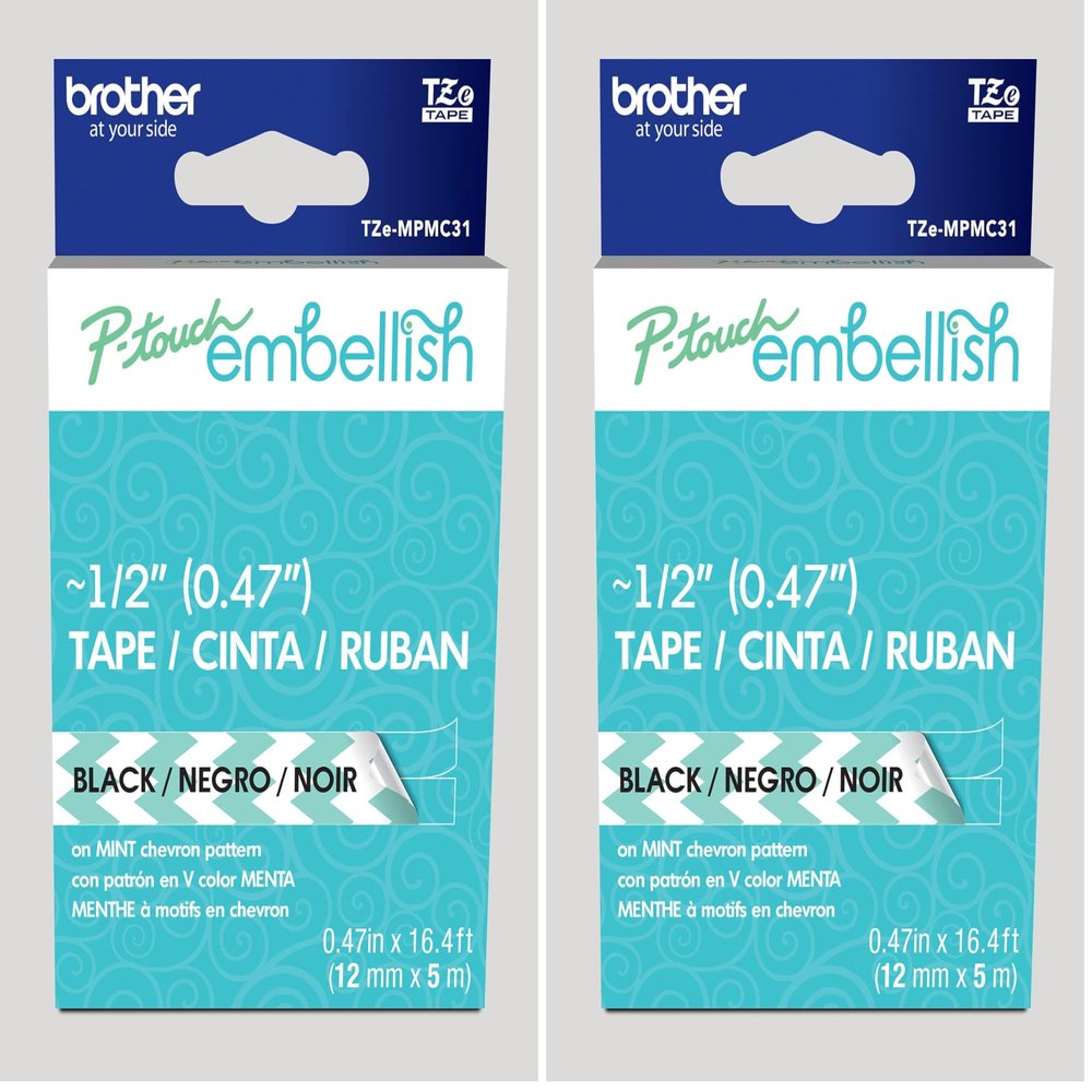 Brother P-Touch Embellish Black Print on Mint Chevron Pattern Tape TZEMPMC31  ~ Wide x 13.1 Long for use with P-Touch Embellish Ribbon & Tape Printer (Pack of 2)
