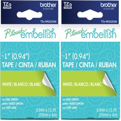 Brother P-Touch Embellish White Print on Lime Green Tape TZE-MQG55M - ~1" Wide x 13.1 Long (24mm x 4m) (Pack of 2)