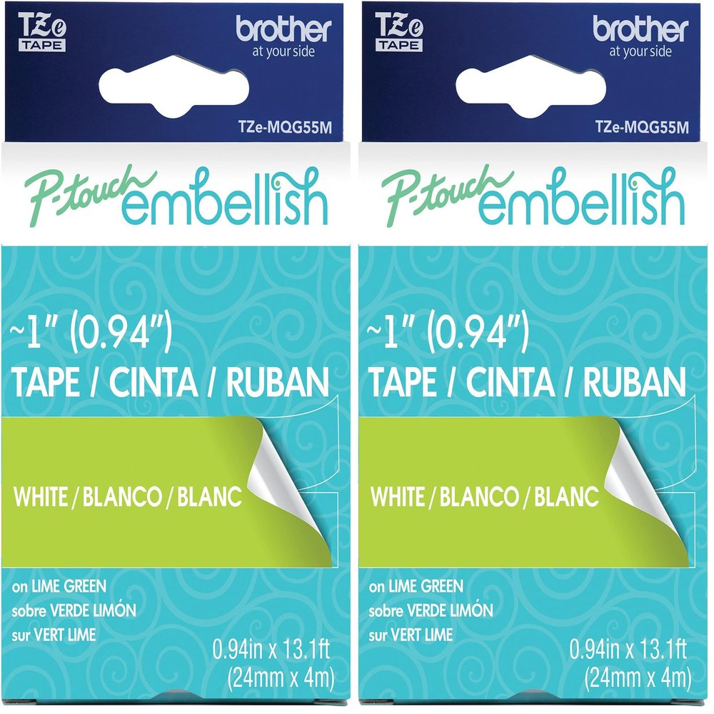 Brother P-Touch Embellish White Print on Lime Green Tape TZE-MQG55M - ~1" Wide x 13.1 Long (24mm x 4m) (Pack of 2)