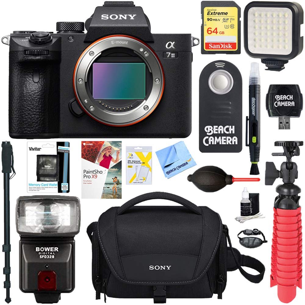 Sony a7III 24.2MP Full Frame Mirrorless Interchangeable Lens Camera (Renewed) | Official USA Partner Model | Body ILCE-7M3 Bundle with 64GB Memory + Flash & Accessories Kit
