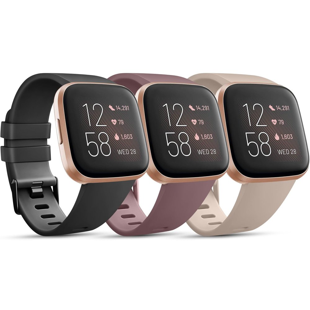 PACK 3 Soft Silicone Bands Compatible for Fitbit Versa Adjustable Sport Bands for Women Men Small Large (Black+SmokeViolet+MilkTea, Small)