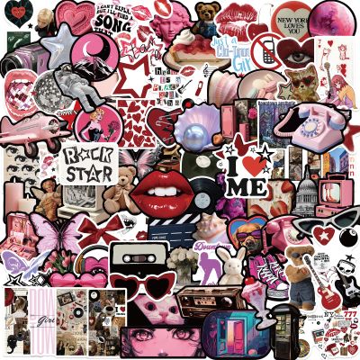 100pcs Aesthetic Stickers | Downtown Girls Y2K Retro Sticker | Cool 2000s Cyber Trendy Stickers for Water Bottle Laptop Guitar Skateboard | Vinyl Stickers for Girls Teens Adults (Black, Pink)