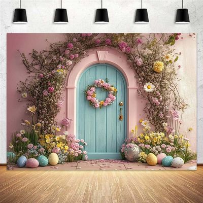 10x10ft Spring Easter Backdrop Pink Garden Bunny Colorful Eggs Floral Garland Wood Door Photography Backdrop Children Kids Birthday Portrait Newborn Baby Shower Party Photo Studio Props