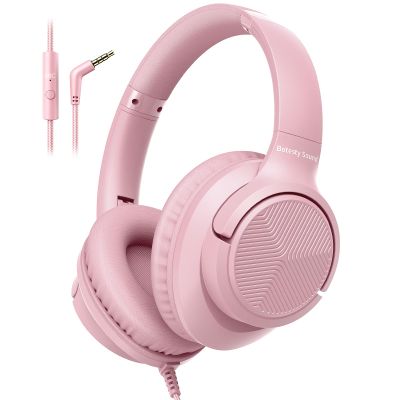 Botesty Sound Wired Headphones with Microphone, Over Ear 3.5mm Plug in Headphones with 4.9ft Tangle-Free Nylon Cord for Tablet, Laptop, MP3/4, School, Airplane Travel (Pink)