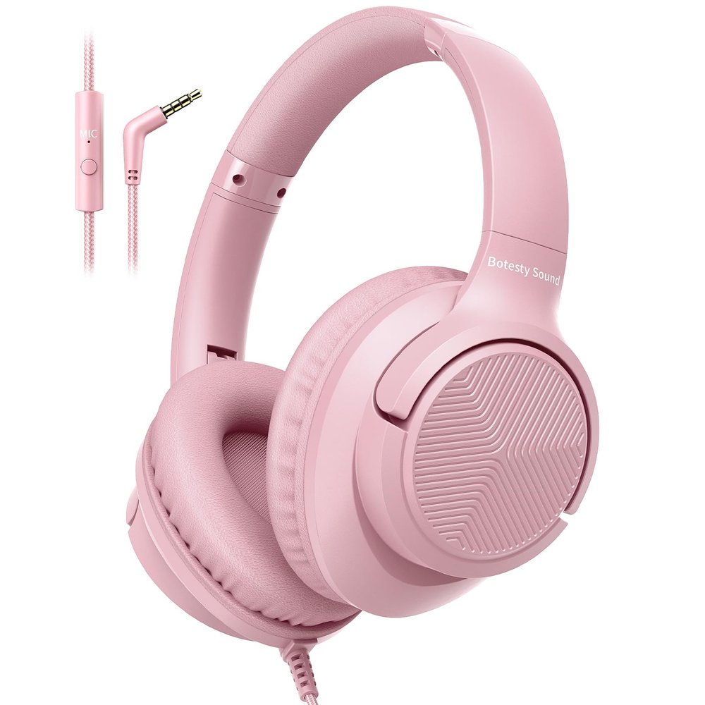 Botesty Sound Wired Headphones with Microphone, Over Ear 3.5mm Plug in Headphones with 4.9ft Tangle-Free Nylon Cord for Tablet, Laptop, MP3/4, School, Airplane Travel (Pink)