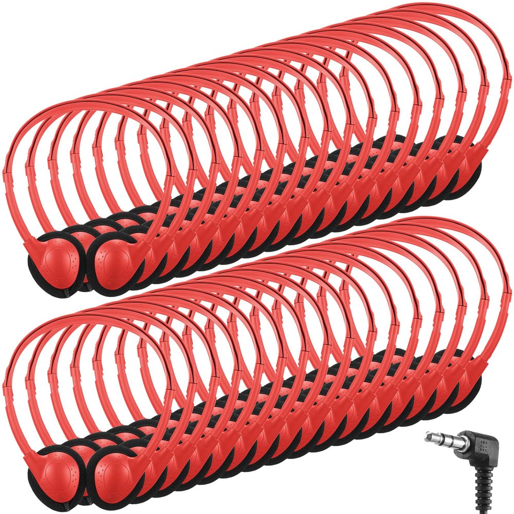 Konohan 30 Pack Headphones Bulk Headphone for School Classroom Student Wired Headphones Adjustable with 3.5 mm Jack for Adults (Red)