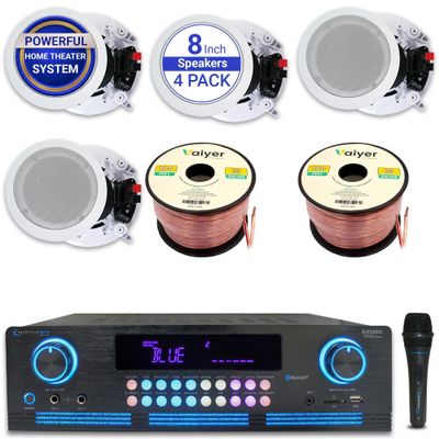 Home Theater Sound System Kit - 2000 W Bluetooth Amplifier w/ 4 Qty of 8" Framed Ceiling Speakers 300 W Each, Mic, 200 ft Speaker Wire & Remote for Living Room, Office, Commercial, Bars by Vaiyer