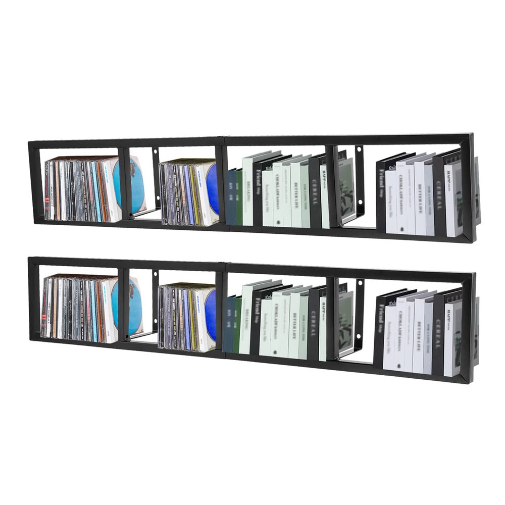 CD Storage Shelf, 34 Inch Media Storage Rack, Cube Storage Organizer Floating Shelf, Wall Mounted Video Games CD DVD Organizer Metal Shelf for Study, Bedroom,Office,Living room (2 Pcs, Black)