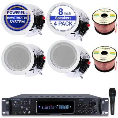 Home Stereo System Kit  7.2 Channel 2500 W Bluetooth Amplifier w/ 4 Qty of 8 Framed Ceiling Speakers 300 W Each, Mic, 200 ft Speaker Wire & Remote Ideal for Home, Office, Restaurant by Vaiyer