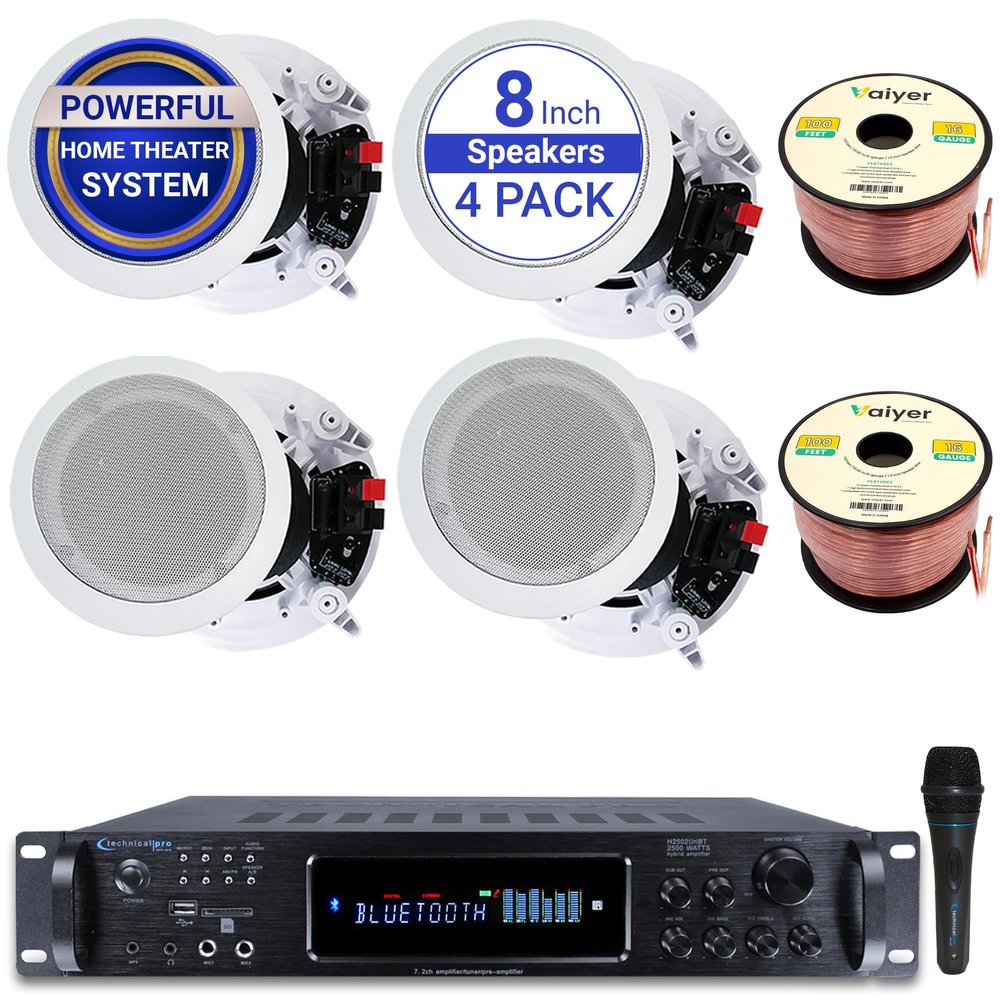 Home Stereo System Kit  7.2 Channel 2500 W Bluetooth Amplifier w/ 4 Qty of 8 Framed Ceiling Speakers 300 W Each, Mic, 200 ft Speaker Wire & Remote Ideal for Home, Office, Restaurant by Vaiyer