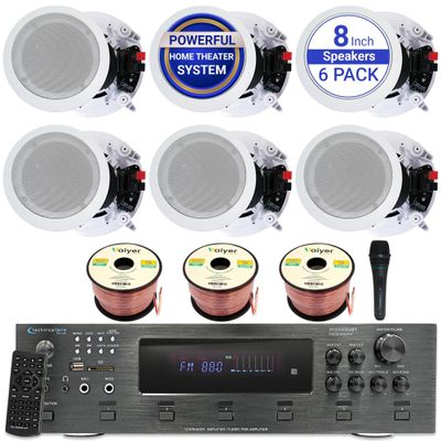 Technical Pro in Ceiling Speakers Kit 6X 8 300W Flush Mount Speakers, 6000W Bluetooth Amplifier, Mic & 300ft Wire Home Theater Ceiling Speaker System for Home, Office, Bar & Restaurant