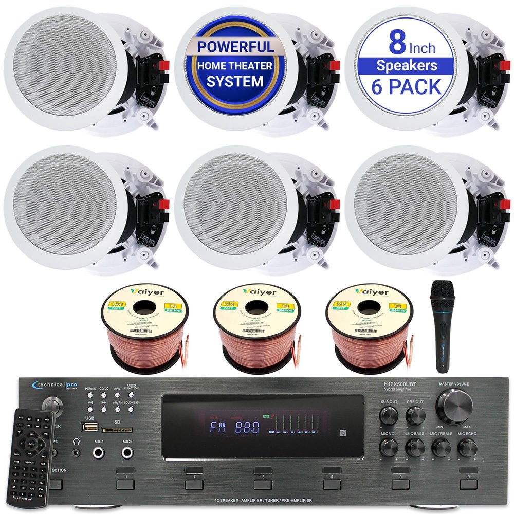 Technical Pro in Ceiling Speakers Kit  6X 8 300W Flush Mount Speakers, 6000W Bluetooth Amplifier, Mic & 300ft Wire  Home Theater Ceiling Speaker System for Home, Office, Bar & Restaurant