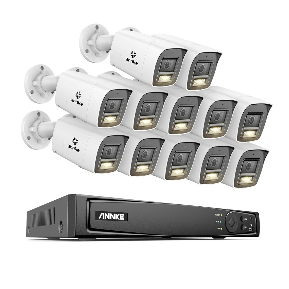 ANNKE 8MP Security Camera System, 16CH NVR Recorder with AI Human/Vehicle Detection, 12X 4K Bullet PoE Cams with Color Night Vision, 2-Way Talk, Compatible with Alexa, IP67 Weatherproof, NO HDD