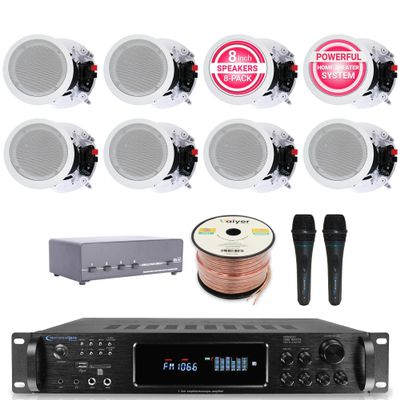 Home Audio System Kit - 7.2 Channel 1500W Bluetooth Amplifier w/ 8 Qty of 5.25" Ceiling Speakers 175W Each, 4-Ch Speaker Selector, 2 Qty of Mic, 250 ft Speaker Wire & Remote by Vaiyer