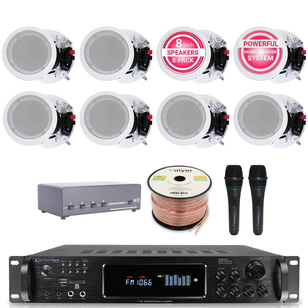 Home Audio System Kit - 7.2 Channel 1500W Bluetooth Amplifier w/ 8 Qty of 5.25" Ceiling Speakers 175W Each, 4-Ch Speaker Selector, 2 Qty of Mic, 250 ft Speaker Wire & Remote by Vaiyer