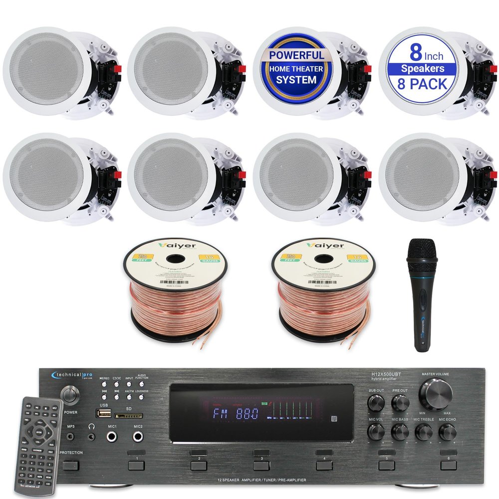 Home Theater Sound System Kit - 6 Channel 6000 Watts Bluetooth Amplifier, 8 Qty of 8 Framed Ceiling Speakers 300 W Each, Mic, 500 ft Speaker Wire & Remote for Home, Office, Restaurant by Vaiyer