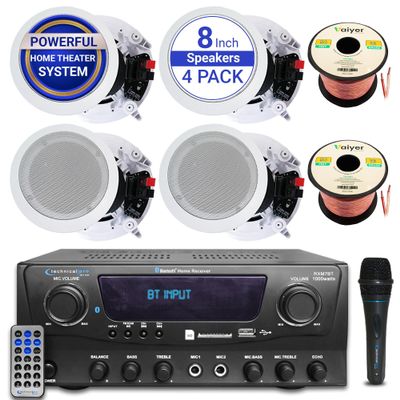 Vaiyer 1000W Bluetooth Home Theater Sound System Amplifier with 4 High-Power 8 In-Ceiling Framed Speakers, 100ft Wire, Mic & Remote Compact Audio Kit for Living Room, Office, Garage & Outdoor Use
