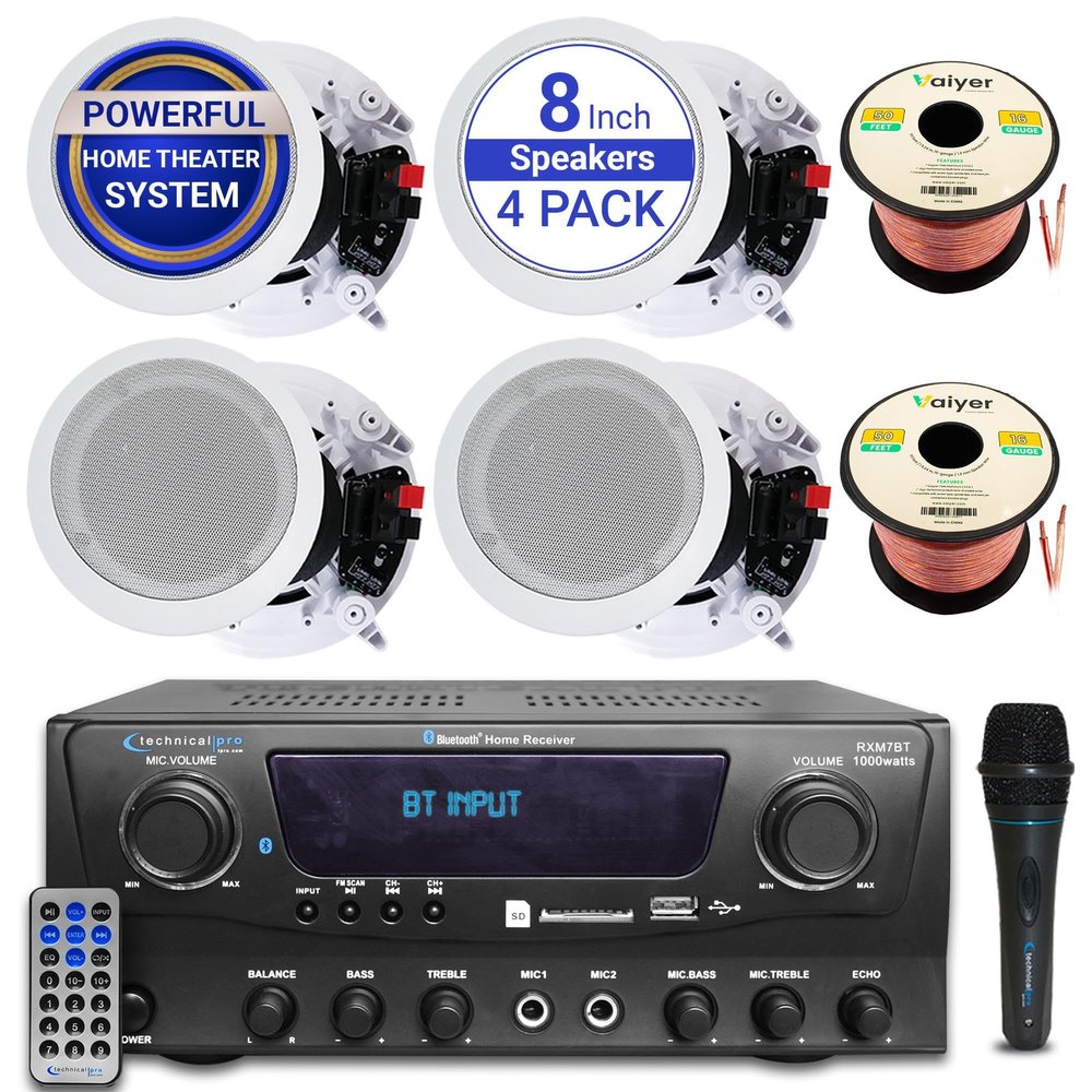 Vaiyer 1000W Bluetooth Home Theater Sound System Amplifier with 4 High-Power 8 In-Ceiling Framed Speakers, 100ft Wire, Mic & Remote Compact Audio Kit for Living Room, Office, Garage & Outdoor Use