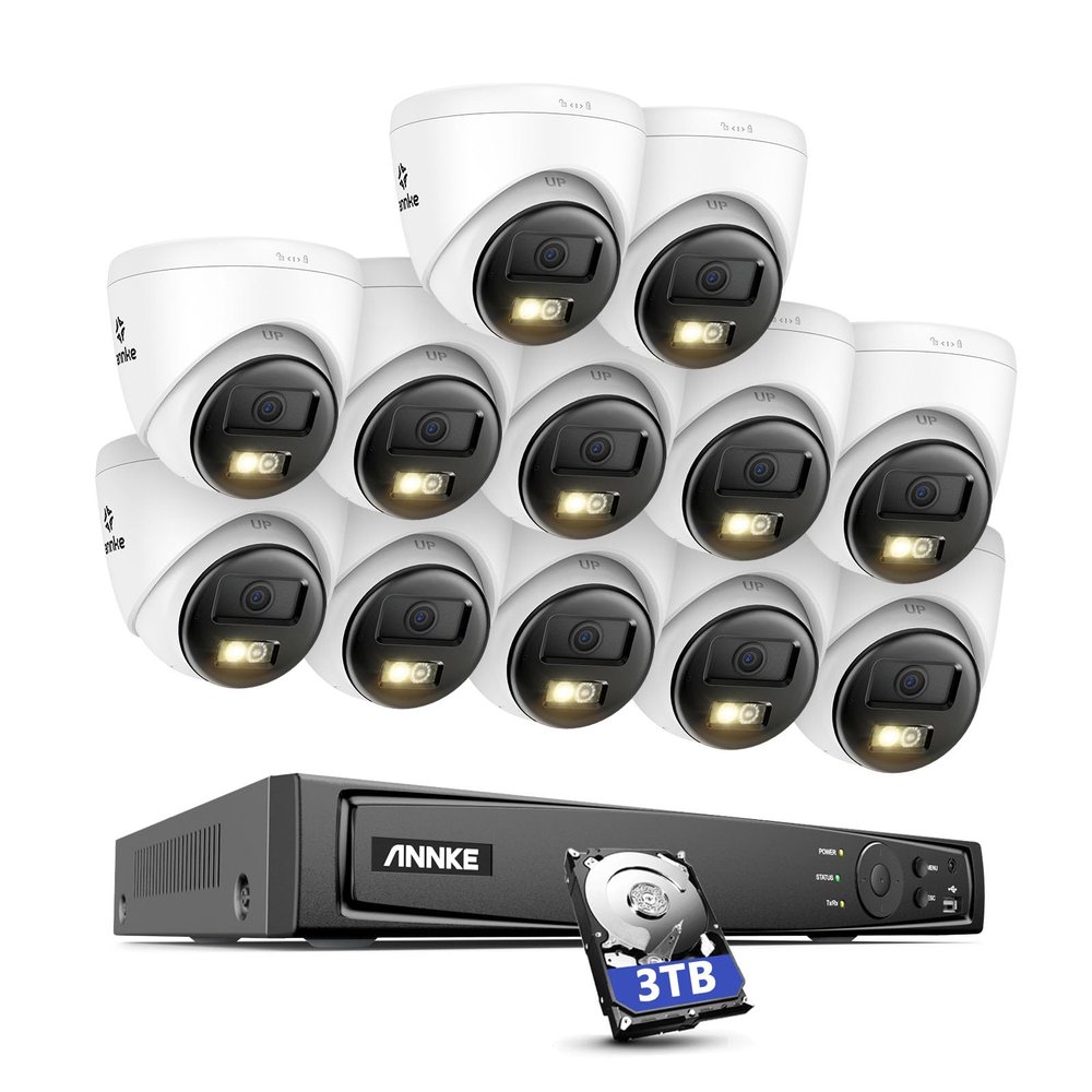 ANNKE 8MP Security Camera System, 16CH NVR Recorder with AI Human/Vehicle Detection, 12X 4K Turret PoE Cams with Color Night Vision, 2-Way Talk, Compatible with Alexa, IP67 Weatherproof, 3TB HDD
