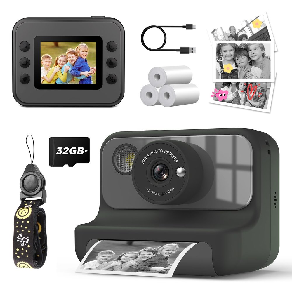 LETSHAHA Instant Print Camera for Kids, 1080P Digital Video Cameras, Christmas Birthday Gifts Toys for Age 3-12, Toddler Camera for 4 5 6 7 8 9 10 Year Old Boys - Black