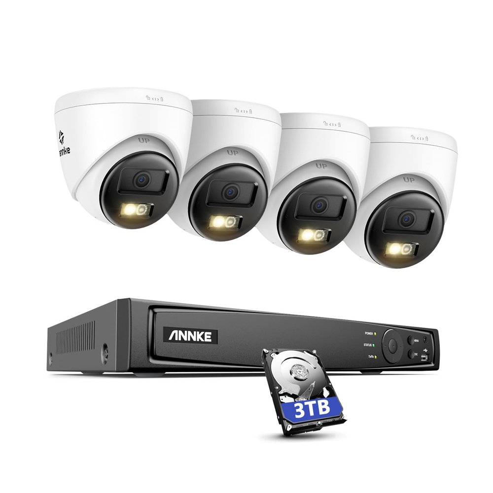 ANNKE 8MP Security Camera System, 16CH NVR Recorder with AI Human/Vehicle Detection, 4X 4K Turret PoE Cams with Color Night Vision, 2-Way Talk, Compatible with Alexa, IP67 Weatherproof, 3TB HDD
