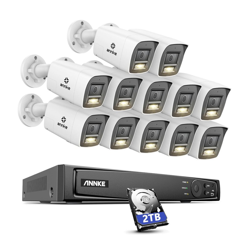 ANNKE 8MP Security Camera System, 16CH NVR Recorder with AI Human/Vehicle Detection, 12X 4K Bullet PoE Cams with Color Night Vision, 2-Way Talk, Compatible with Alexa, IP67 Weatherproof, 2TB HDD