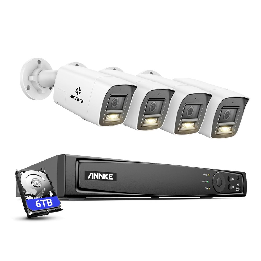 ANNKE 8MP Security Camera System, 16CH NVR Recorder with AI Human/Vehicle Detection, 4X 4K Bullet PoE Cams with Color Night Vision, 2-Way Talk, Compatible with Alexa, IP67 Weatherproof, 6TB HDD