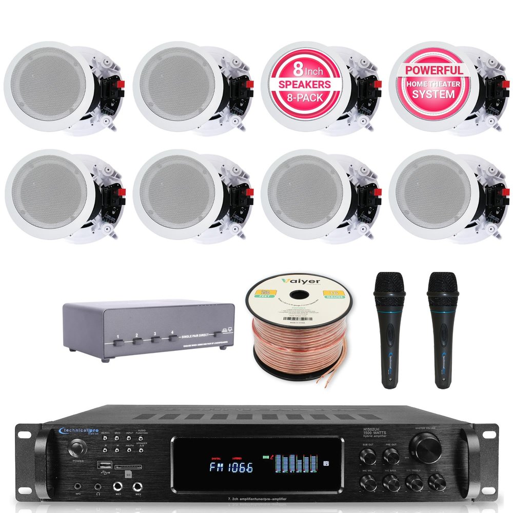Home Audio System Kit - 7.2 Channel 1500W Bluetooth Amplifier w/ 8 Qty of 8" Framed Ceiling Speakers 300 W Each, 4-Ch Speaker Selector, 2 Qty of Mic, 250 ft Speaker Wire & Remote by Vaiyer