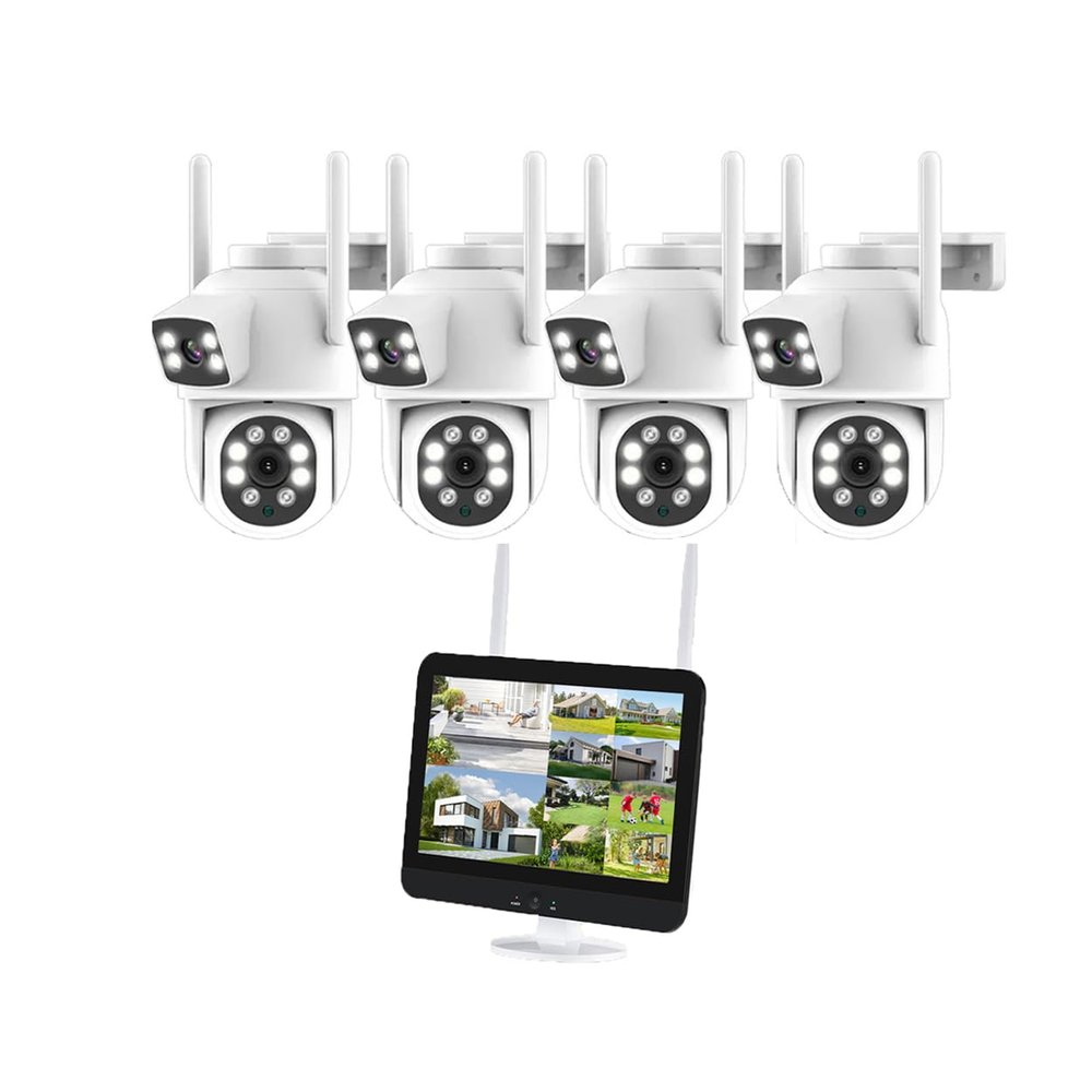 AKAVIG 4CH 4MP Wireless WiFi Double Lens Security Camera System with 12 Inches LCD Monitor, Indoor and Outdoor CCTV Surveillance NVR Kit with Automatic Tracking, Color Night Vision, Human Detection