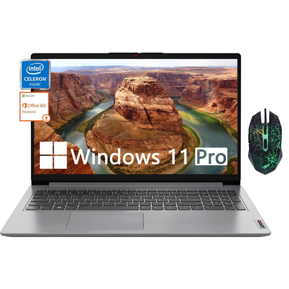 Lenovo Ideapad 1i 15.6" Business Laptop, Intel Celeron N4500, 4GB RAM, 128GB eMMC, Intel UHD Graphics, WiFi 6, Numeric Keypad, 1-Year Office 365, Windows 11 Pro with Designed Mouse - Cloud Gray