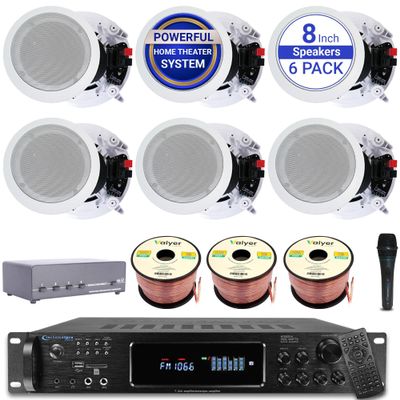 Sound System Kit - 7.2 Channel 1500 Watts Bluetooth Amplifier w/ 6 Qty of 8" Framed Ceiling Speakers 300 W Each, Mic, 4-Ch Speaker Selector, 16 AWG 300 ft Speaker Wire & Remote by Vaiyer