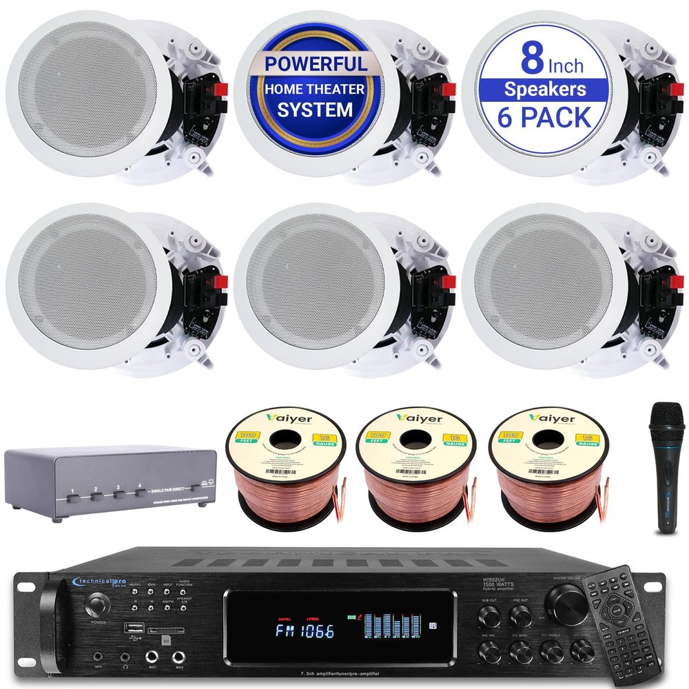 Sound System Kit - 7.2 Channel 1500 Watts Bluetooth Amplifier w/ 6 Qty of 8" Framed Ceiling Speakers 300 W Each, Mic, 4-Ch Speaker Selector, 16 AWG 300 ft Speaker Wire & Remote by Vaiyer