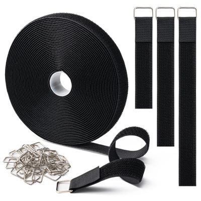 1" x16Ft Hook and Loop Straps with 25 Metal Buckles, Adjustable Fastening Cable Straps, Free Cut Length, Reusable Nylon Cable Ties for Organizer or Storage, Black